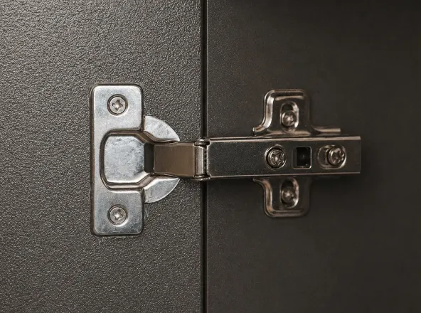 Stainless soft-close hinge mounted on a charcoal cabinet door